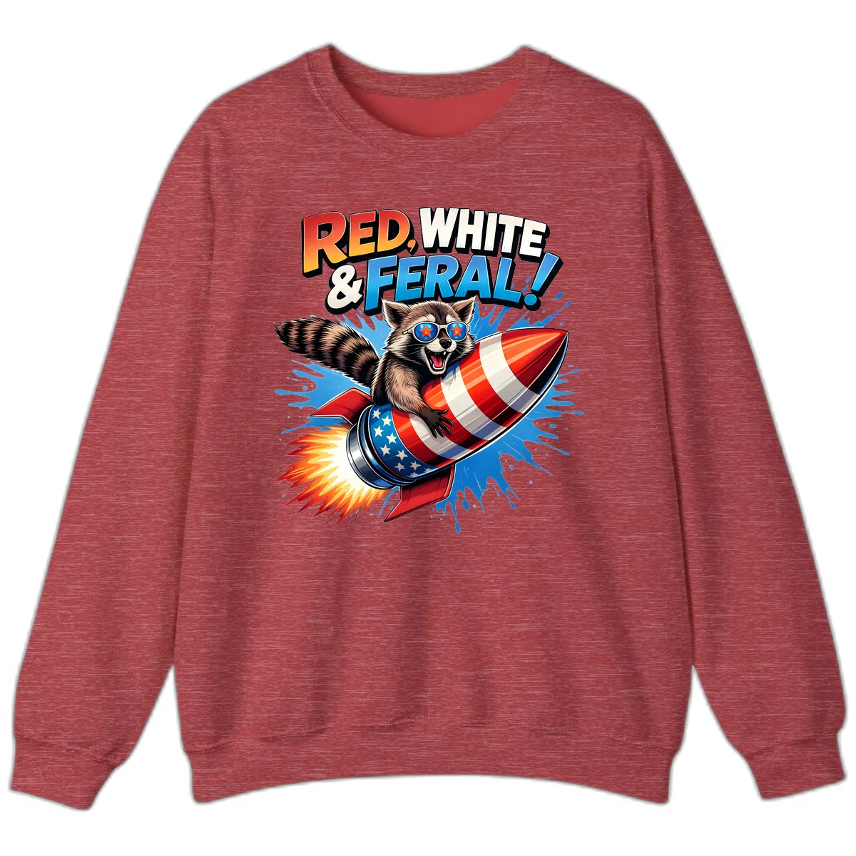 Red, White & Feral Rocket Raccoon Sweatshirt in Heather Scarlet Red