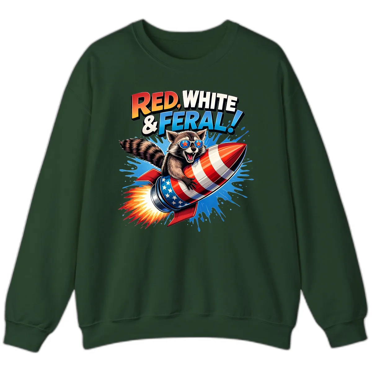 Red, White & Feral Rocket Raccoon Sweatshirt in Forest Green