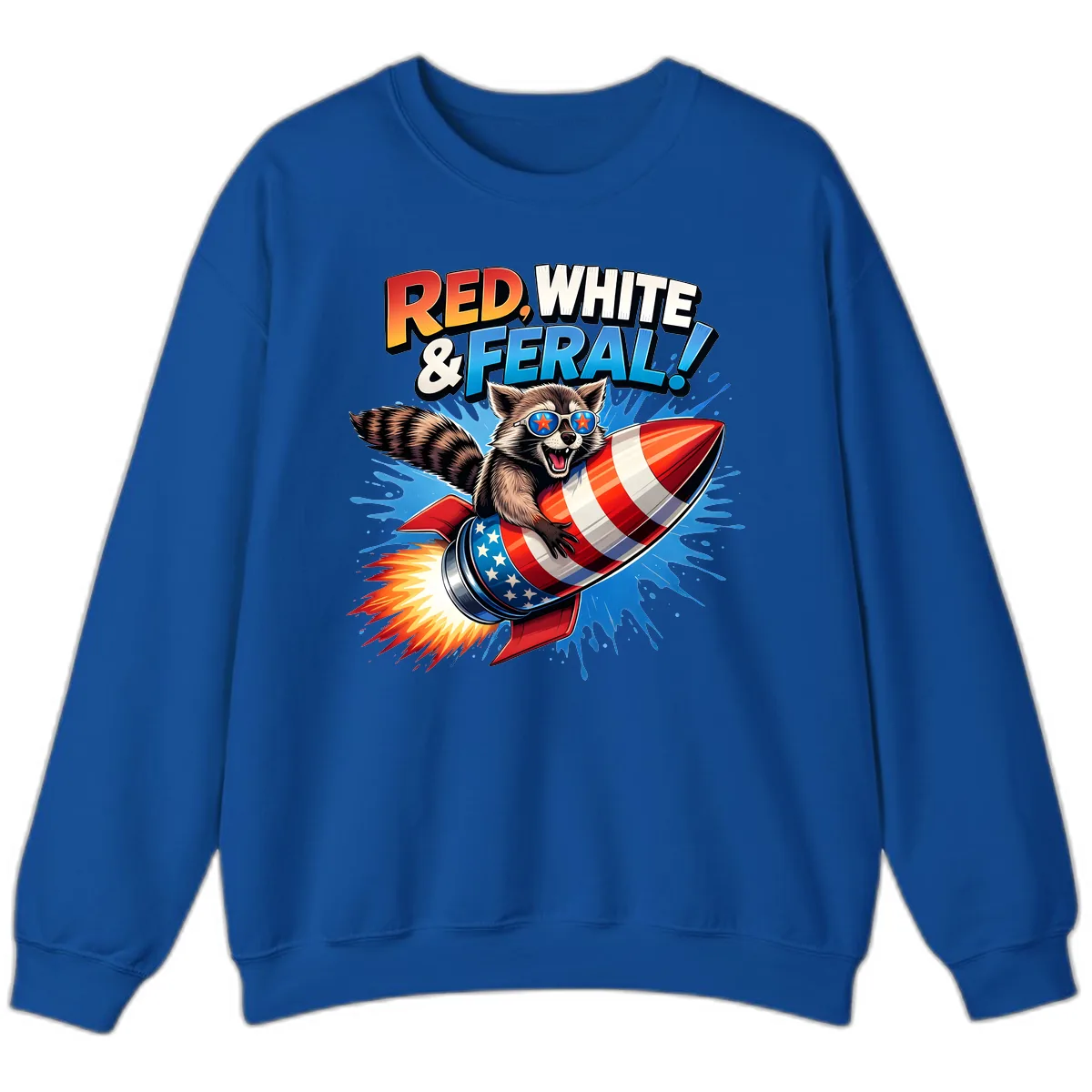 Red, White & Feral Rocket Raccoon Sweatshirt in Royal