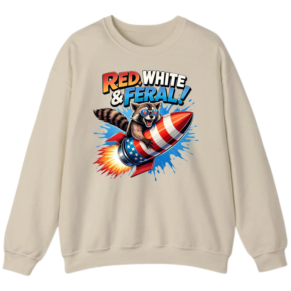 Red, White & Feral Rocket Raccoon Sweatshirt in Sand