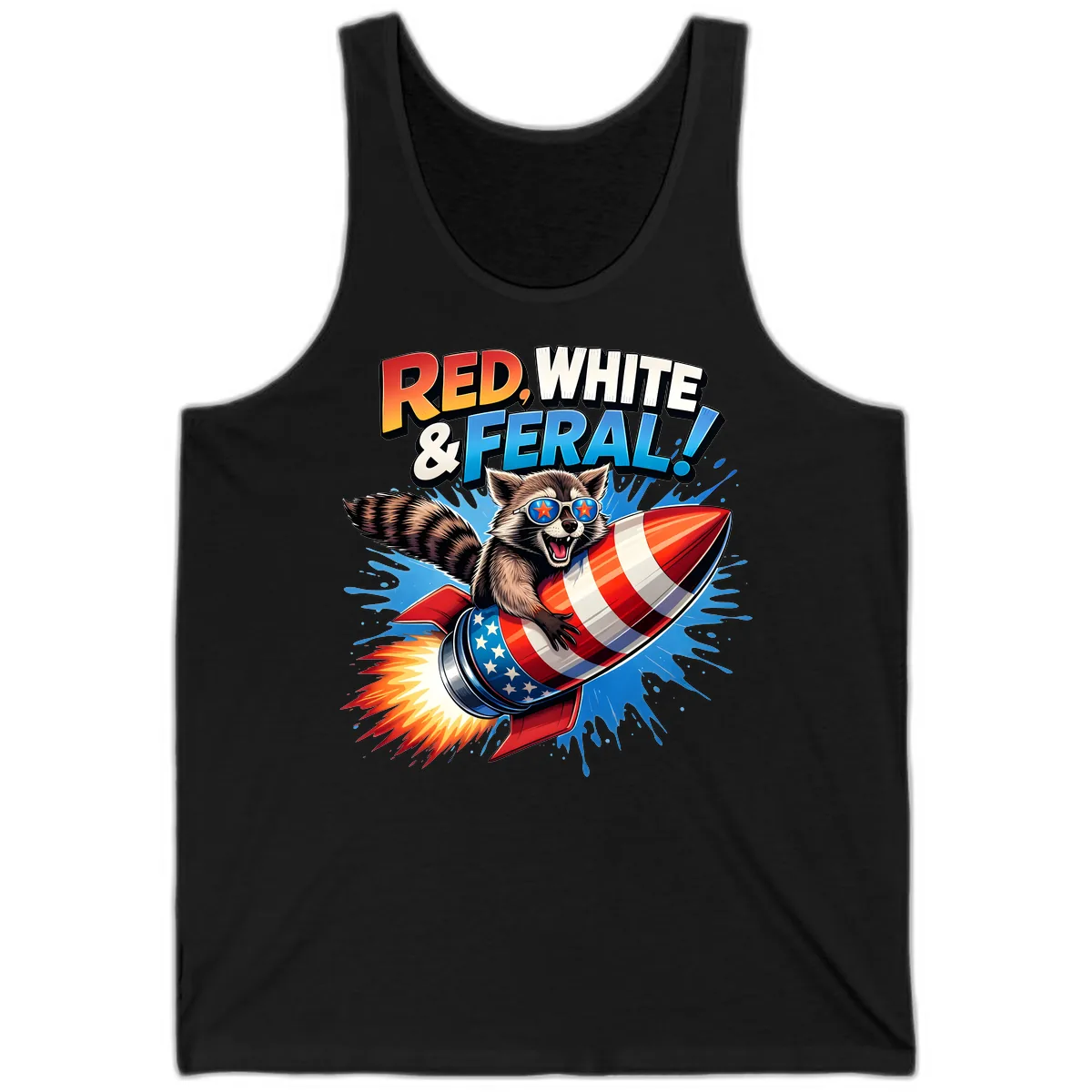 Red, White & Feral Rocket Raccoon Tank in Black