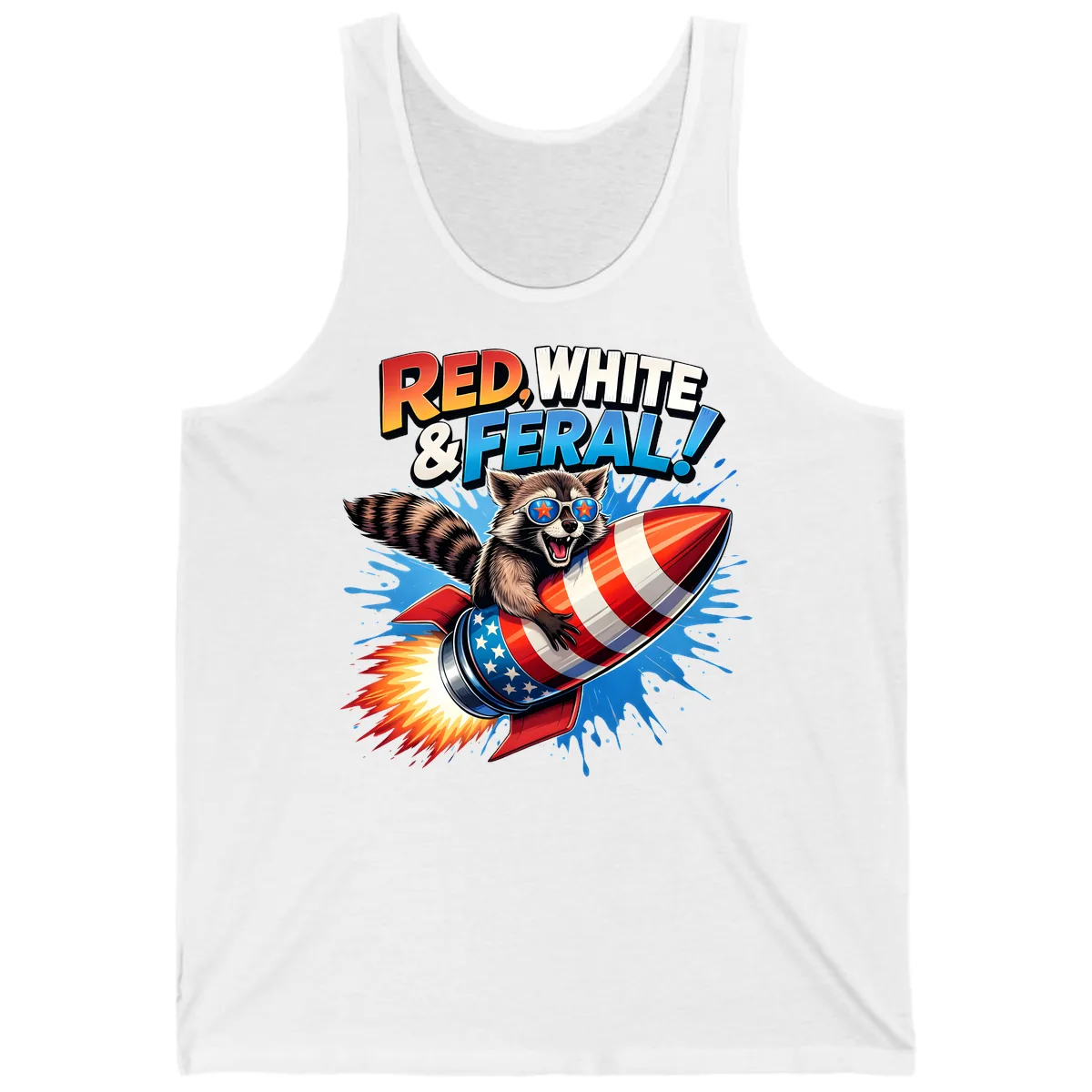Red, White & Feral Rocket Raccoon Tank in White