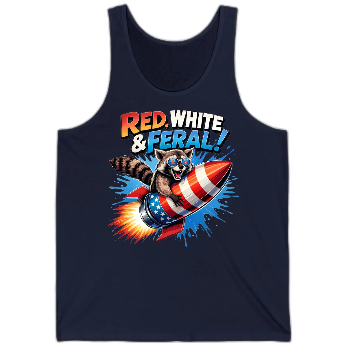 Red, White & Feral Rocket Raccoon Tank in Navy
