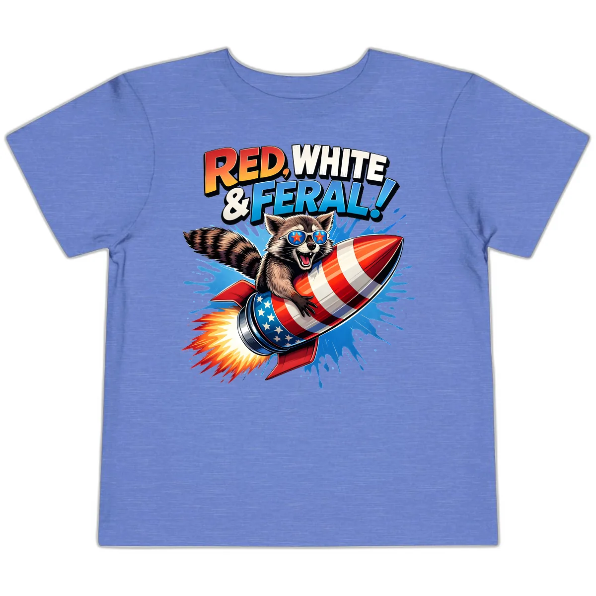 Red, White & Feral Rocket Raccoon Toddler T-Shirt in Heather Columbia Blue