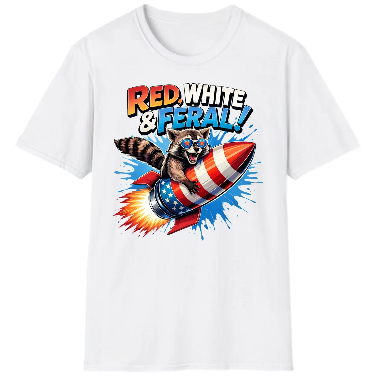 Red, White & Feral Rocket Raccoon T-Shirt in White