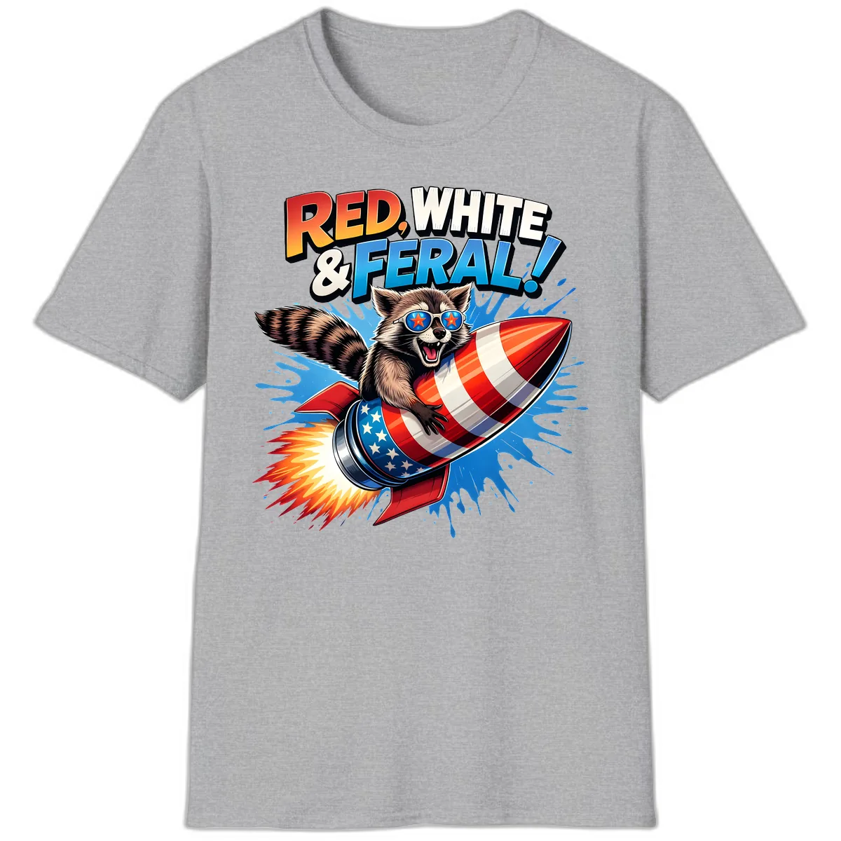 Red, White & Feral Rocket Raccoon T-Shirt in Sport Grey