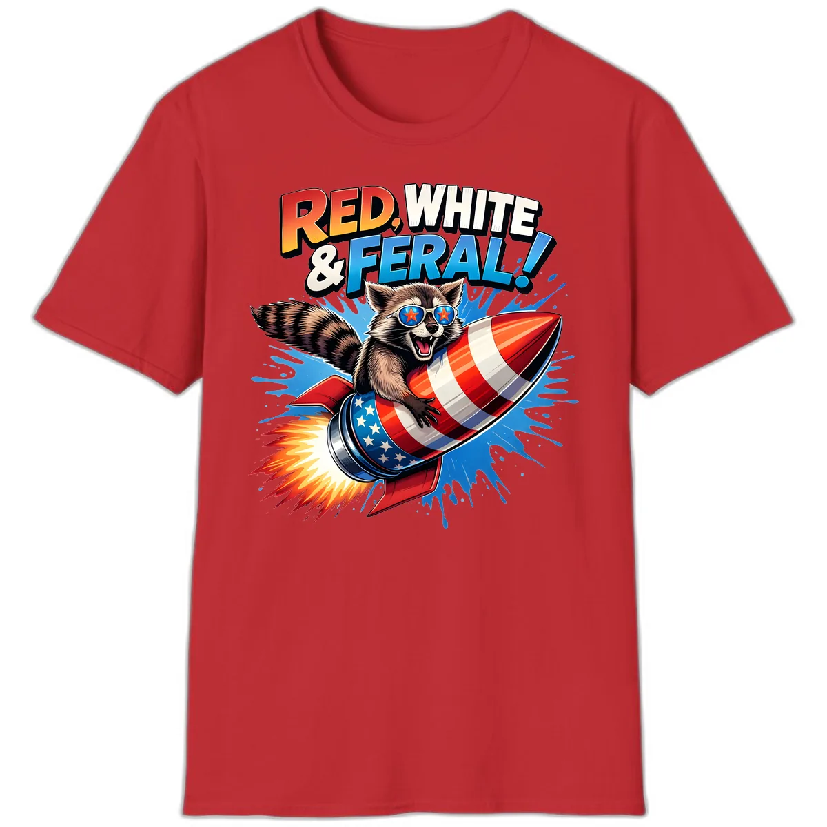 Red, White & Feral Rocket Raccoon T-Shirt in Red