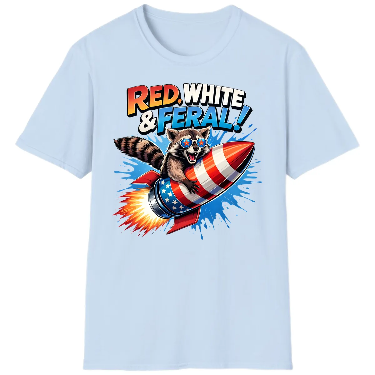 Red, White & Feral Rocket Raccoon T-Shirt in Light Blue