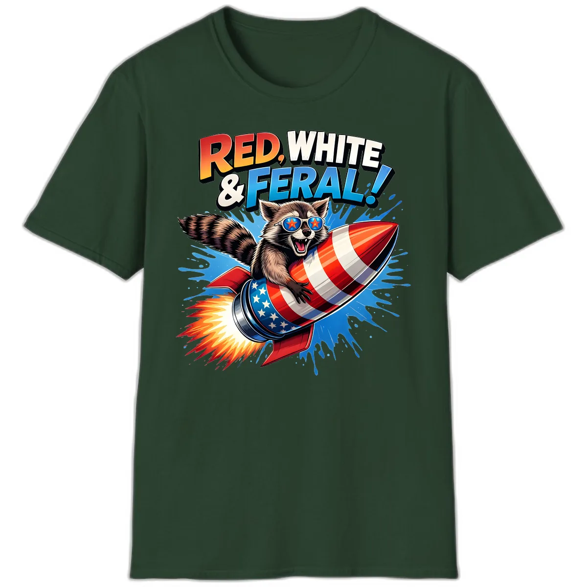 Red, White & Feral Rocket Raccoon T-Shirt in Forest Green