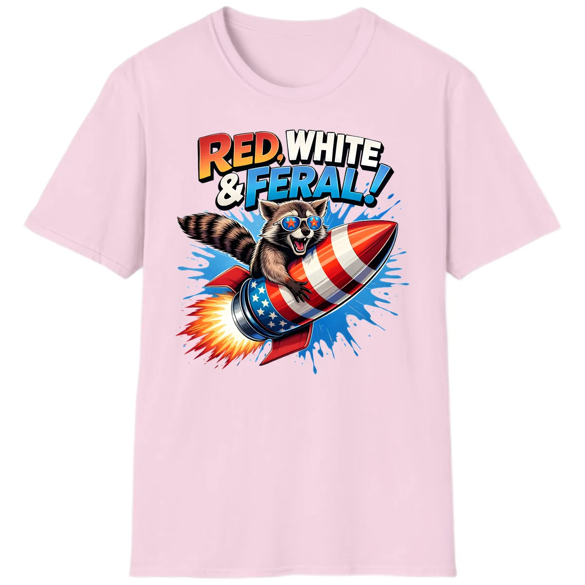 Red, White & Feral Rocket Raccoon T-Shirt in Light Pink