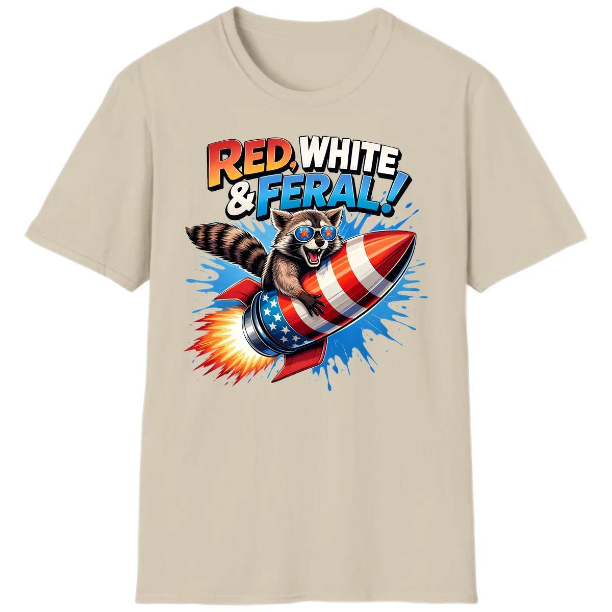 Red, White & Feral Rocket Raccoon T-Shirt in Sand