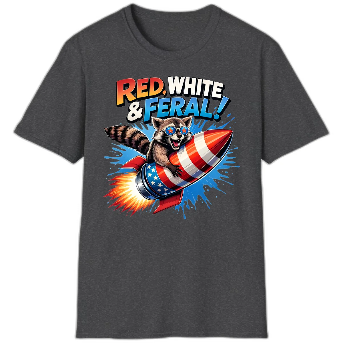 Red, White & Feral Rocket Raccoon T-Shirt in Dark Heather