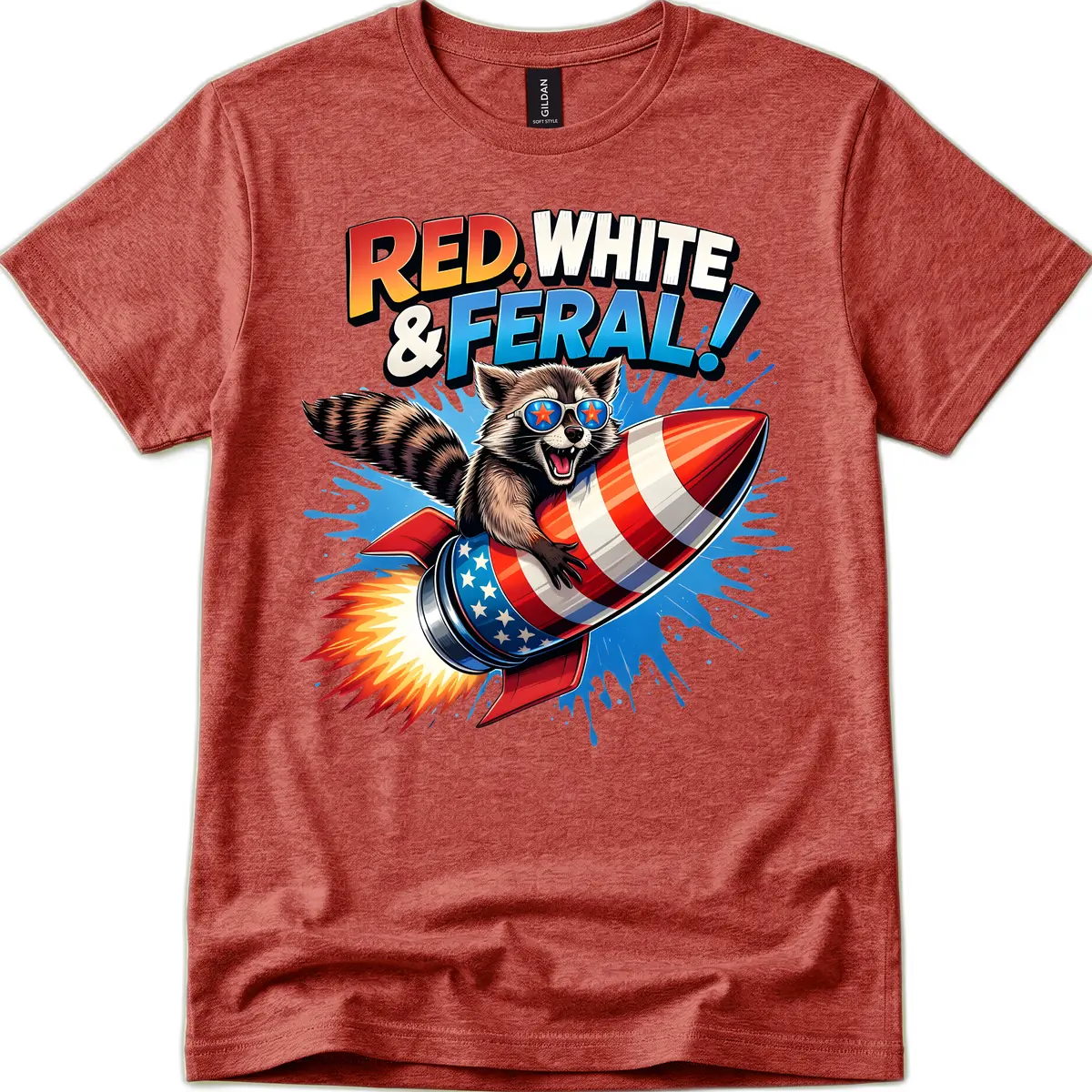 Red, White & Feral Rocket Raccoon T-Shirt in Heather Cardinal