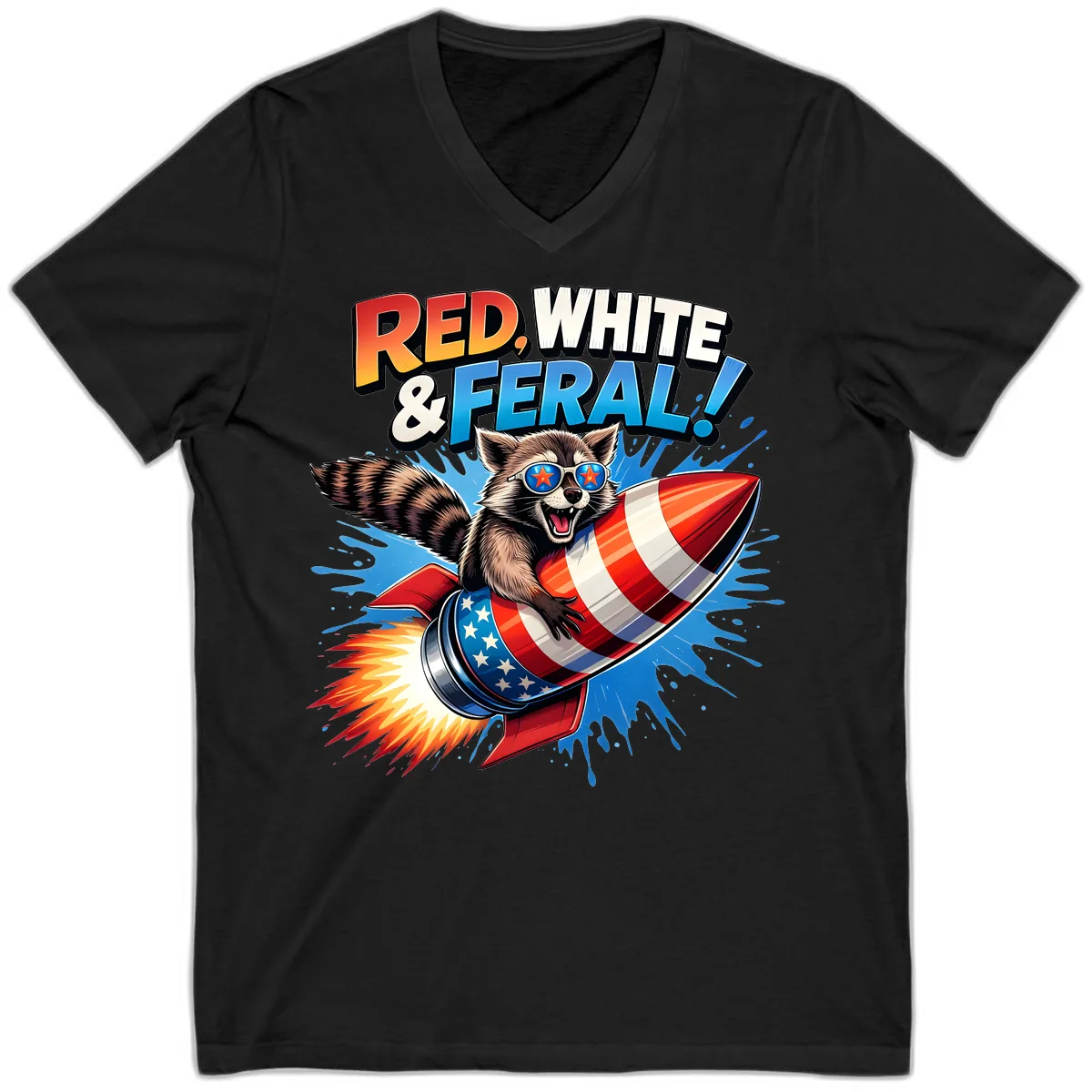 Red, White & Feral Rocket Raccoon V-Neck in Black