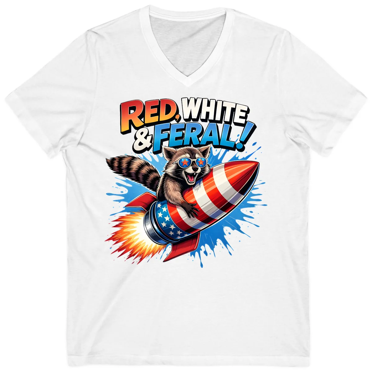 Red, White & Feral Rocket Raccoon V-Neck in White