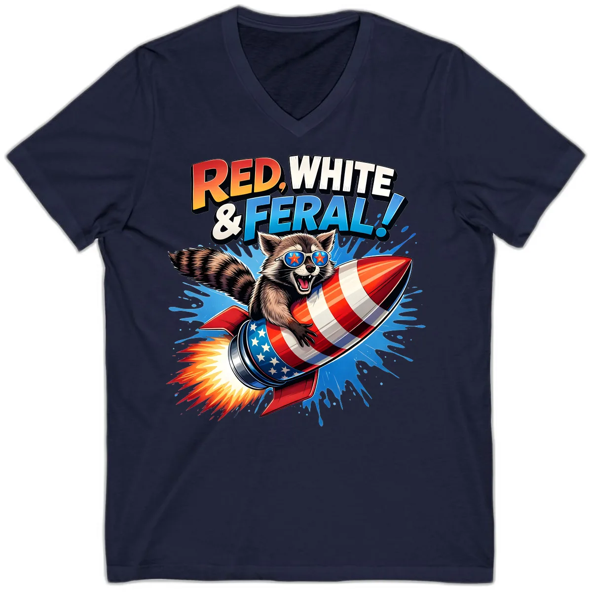 Red, White & Feral Rocket Raccoon V-Neck in Navy