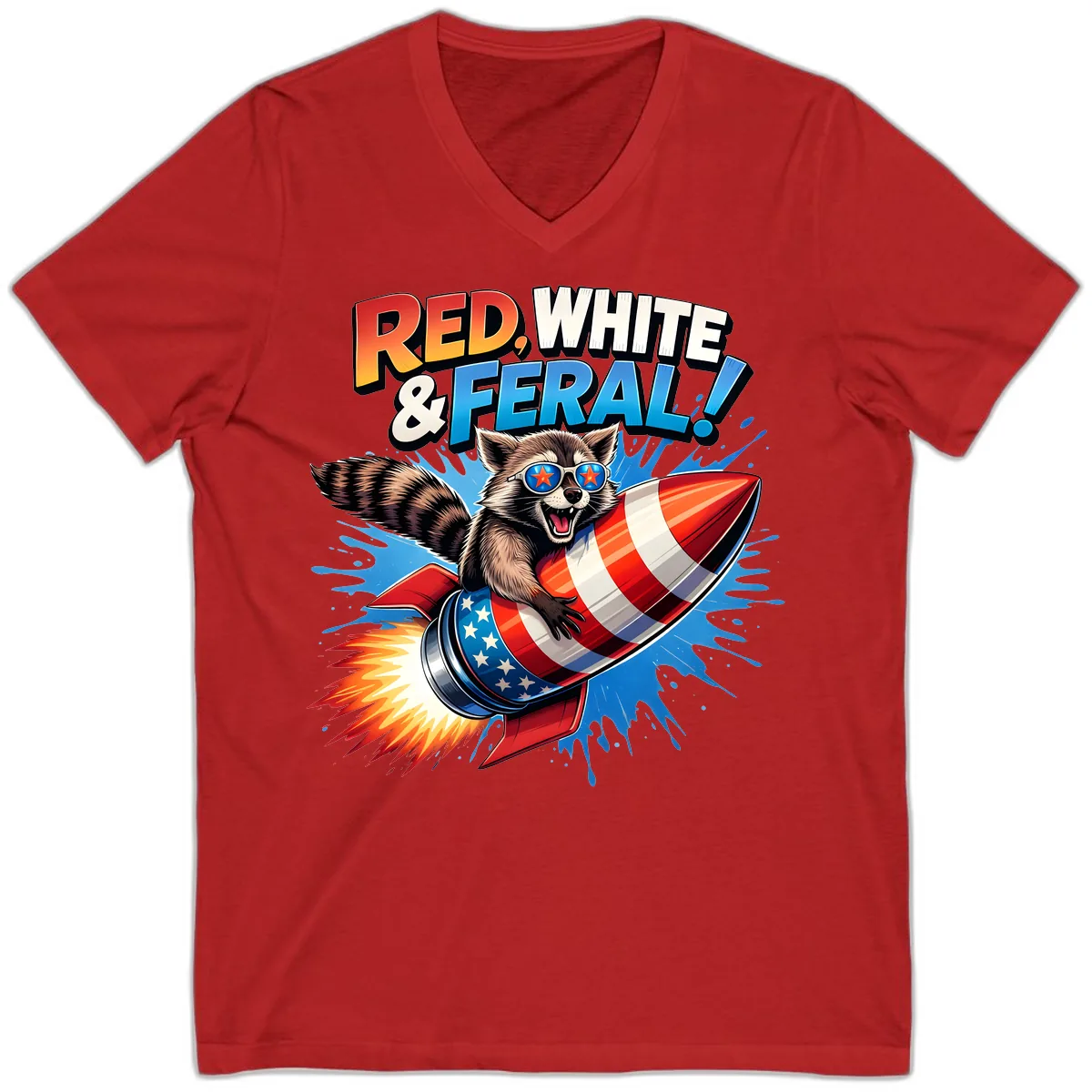 Red, White & Feral Rocket Raccoon V-Neck in Red