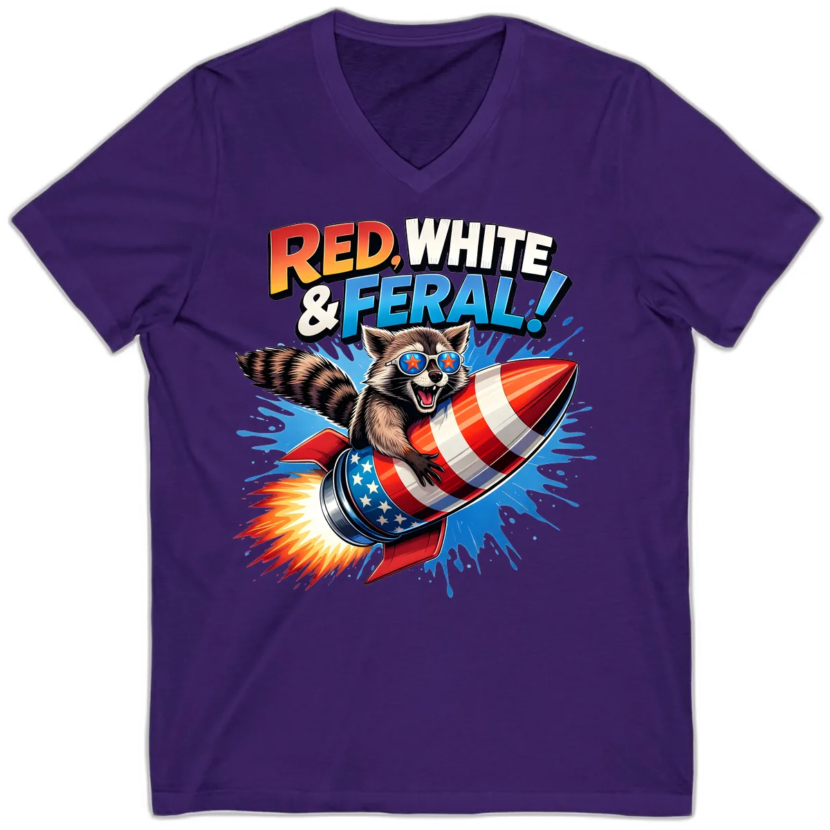 Red, White & Feral Rocket Raccoon V-Neck in Team Purple