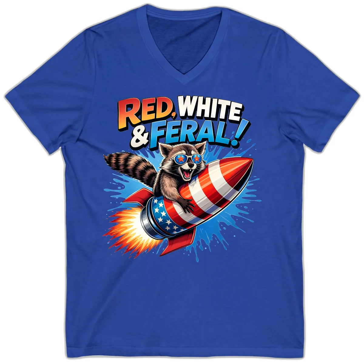 Red, White & Feral Rocket Raccoon V-Neck in True Royal