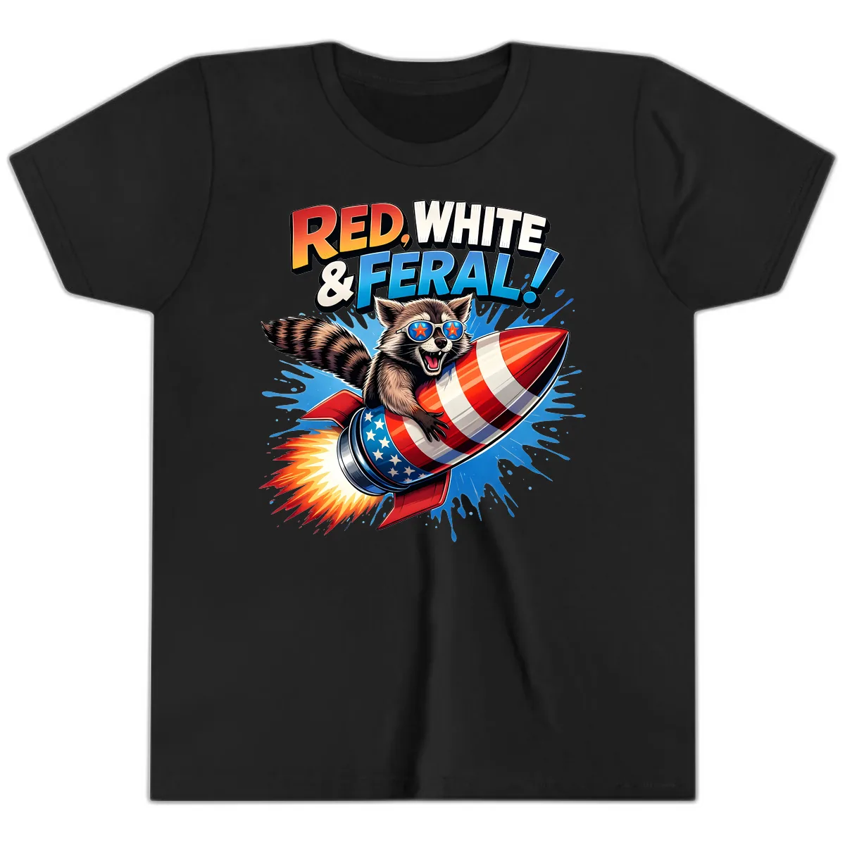Red, White & Feral Rocket Raccoon Youth T-Shirt in Black