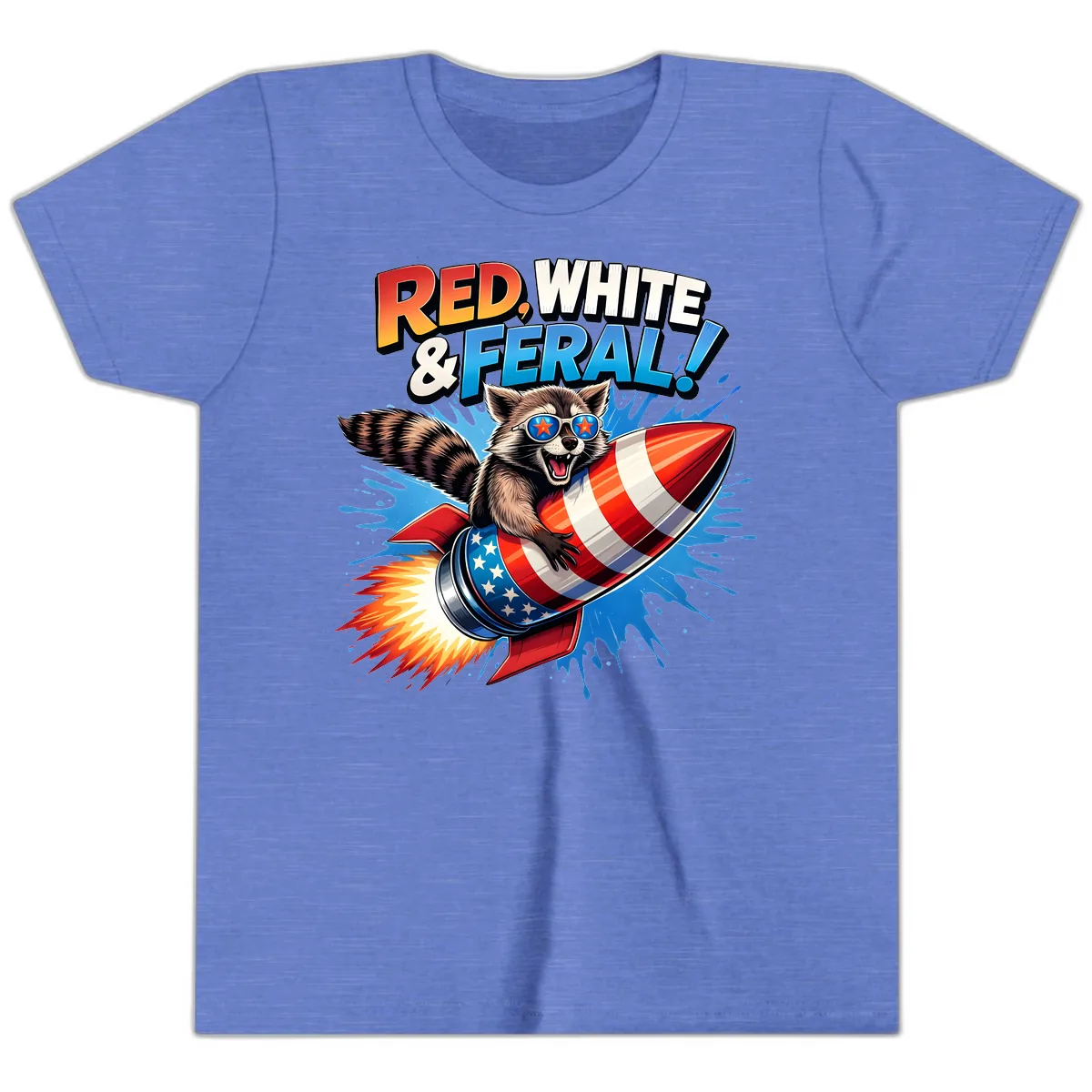 Red, White & Feral Rocket Raccoon Youth T-Shirt in Heather Columbia Blue