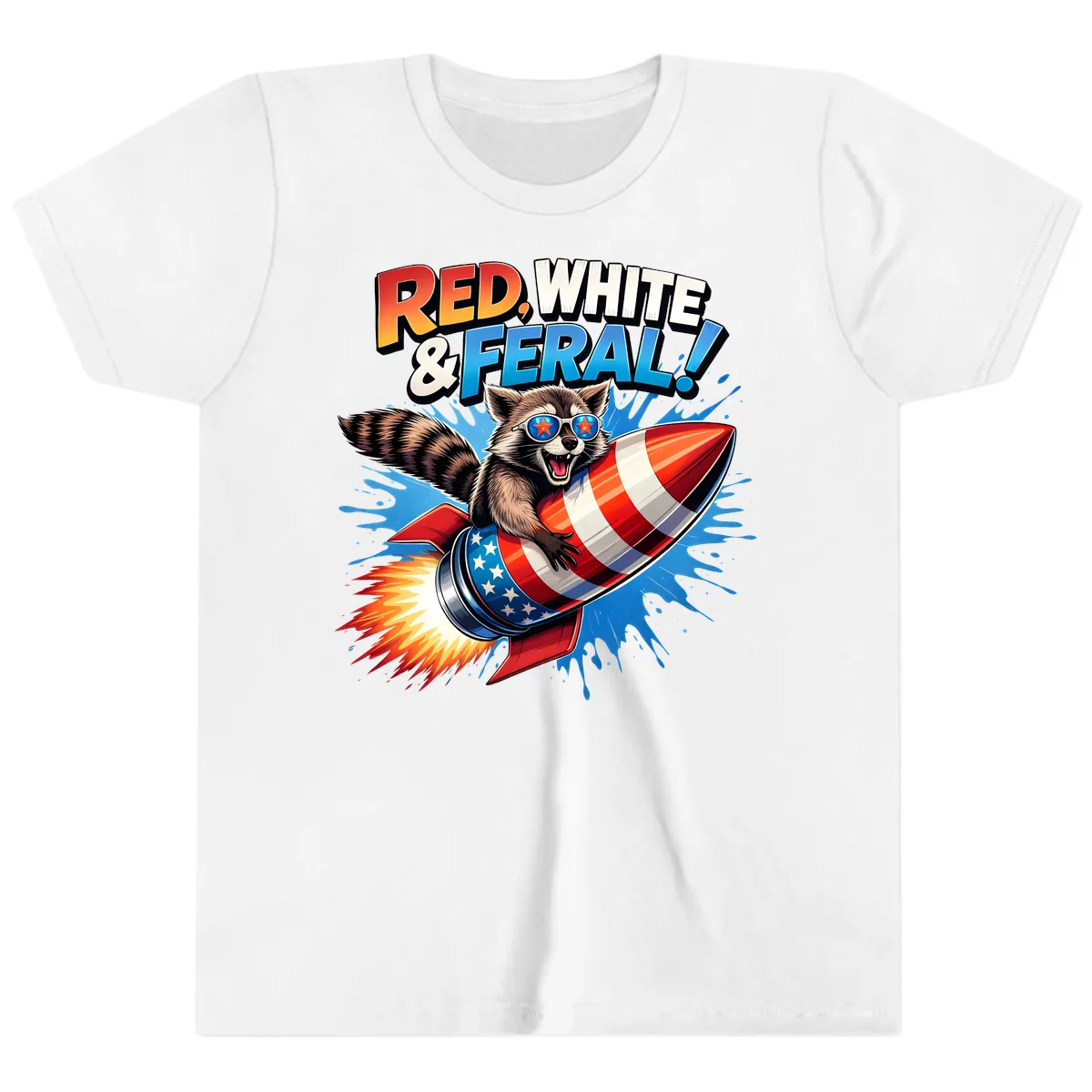 Red, White & Feral Rocket Raccoon Youth T-Shirt in White