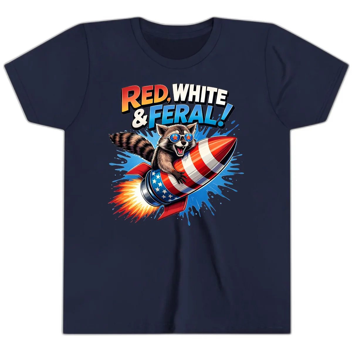 Red, White & Feral Rocket Raccoon Youth T-Shirt in Navy
