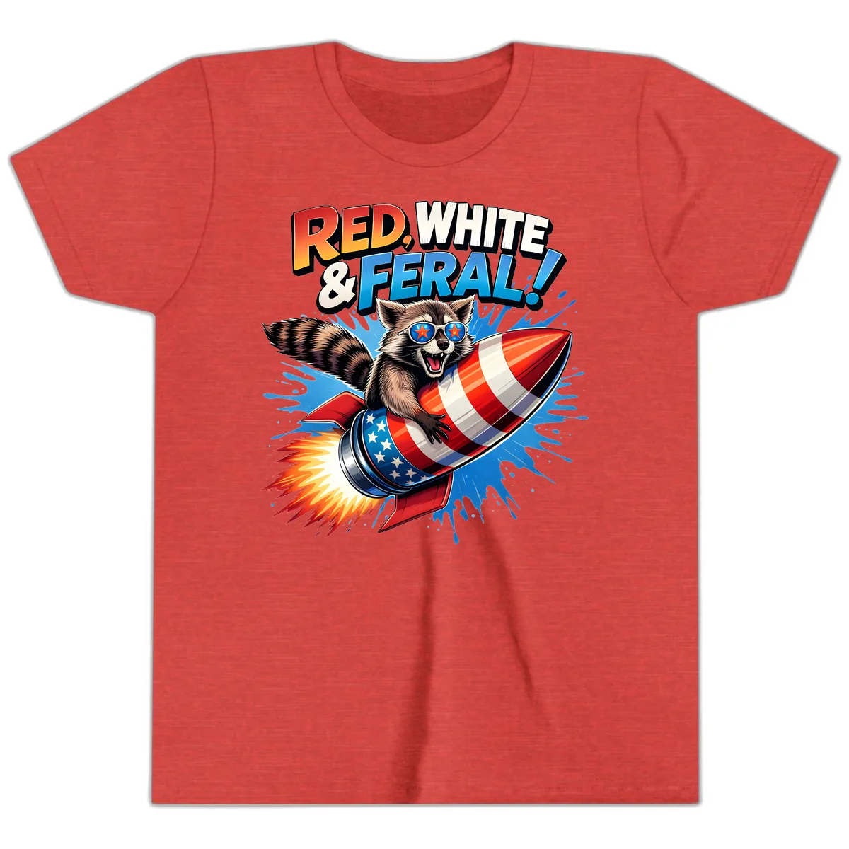 Red, White & Feral Rocket Raccoon Youth T-Shirt in Heather Red
