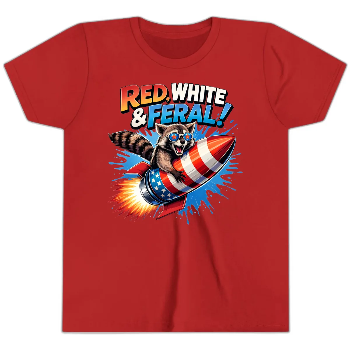 Red, White & Feral Rocket Raccoon Youth T-Shirt in Red