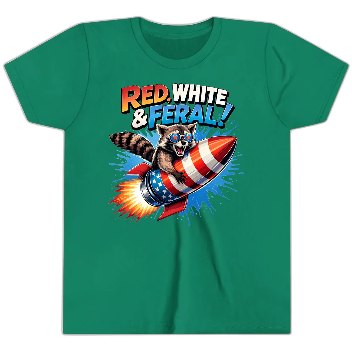 Red, White & Feral Rocket Raccoon Youth T-Shirt in Kelly