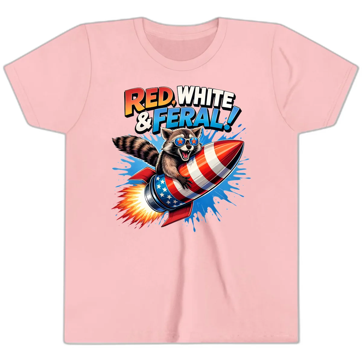 Red, White & Feral Rocket Raccoon Youth T-Shirt in Pink