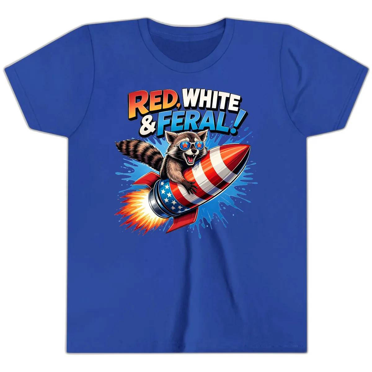 Red, White & Feral Rocket Raccoon Youth T-Shirt in True Royal