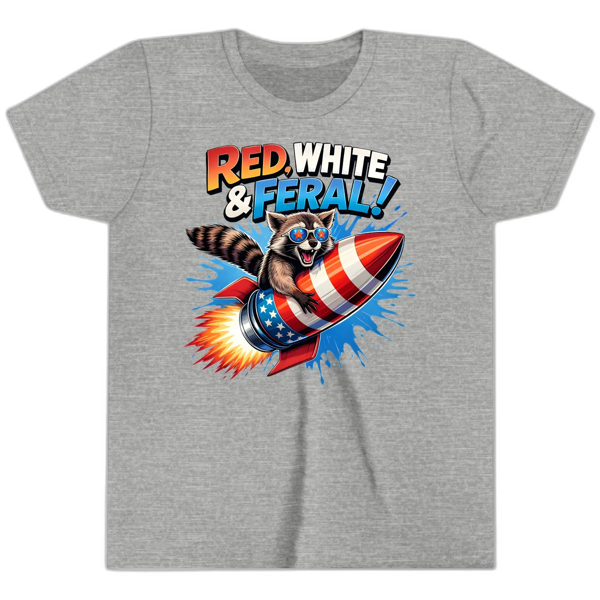 Red, White & Feral Rocket Raccoon Youth T-Shirt in Athletic Heather