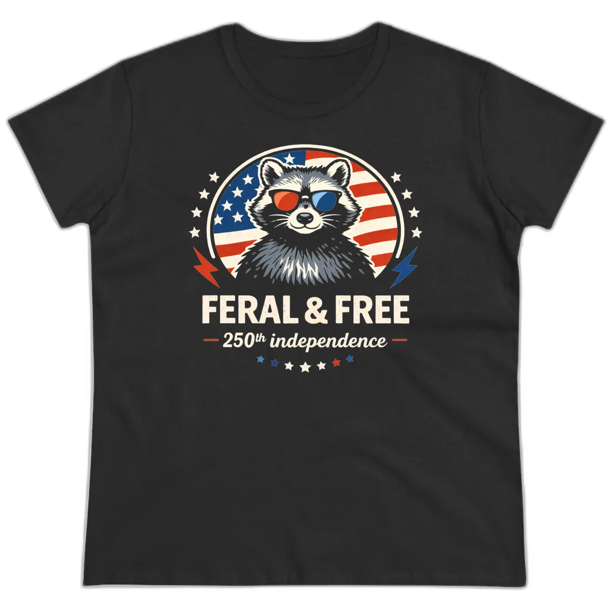 Feral & Free Raccoon 250th Independence Ladies Tee in Black