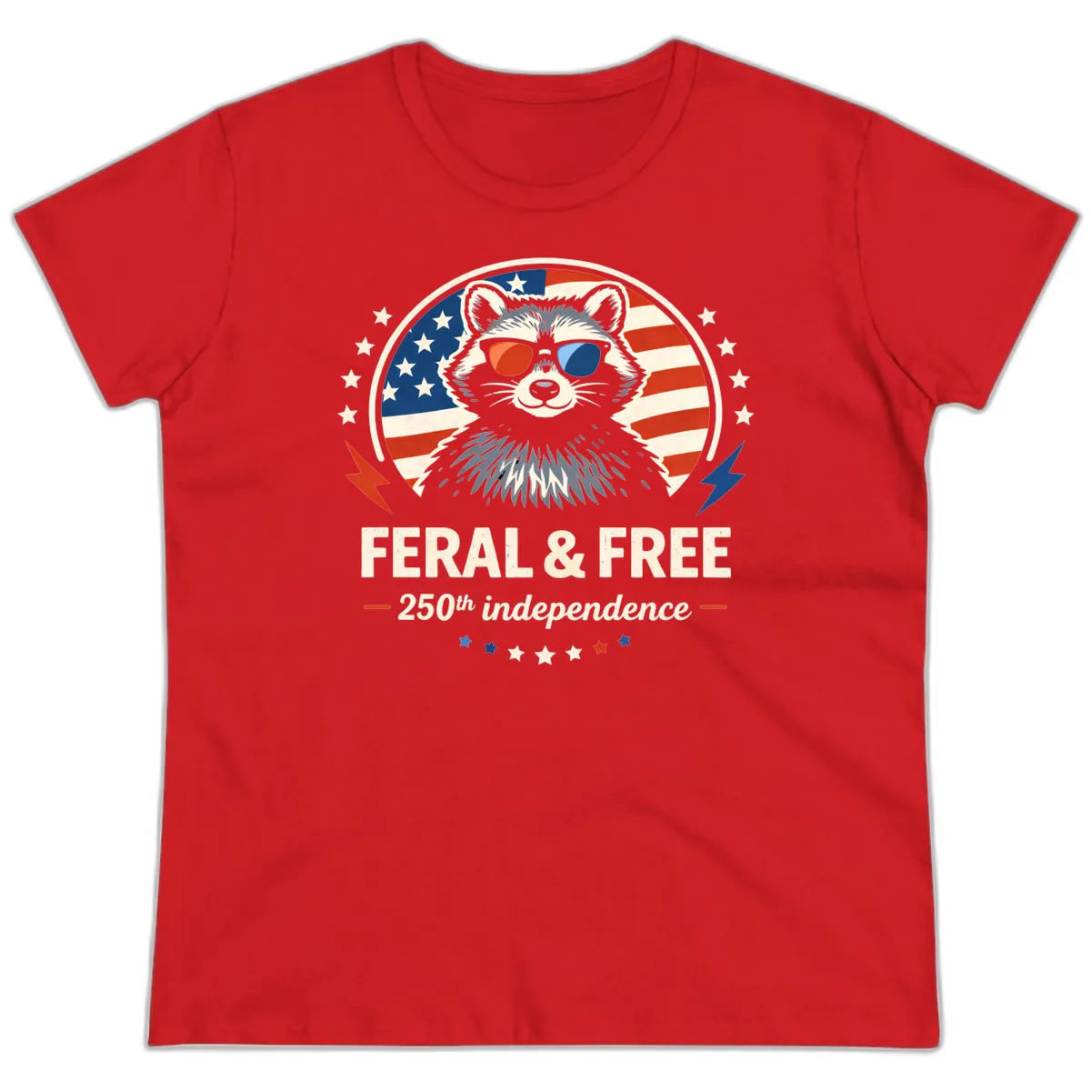 Feral & Free Raccoon 250th Independence Ladies Tee in Red