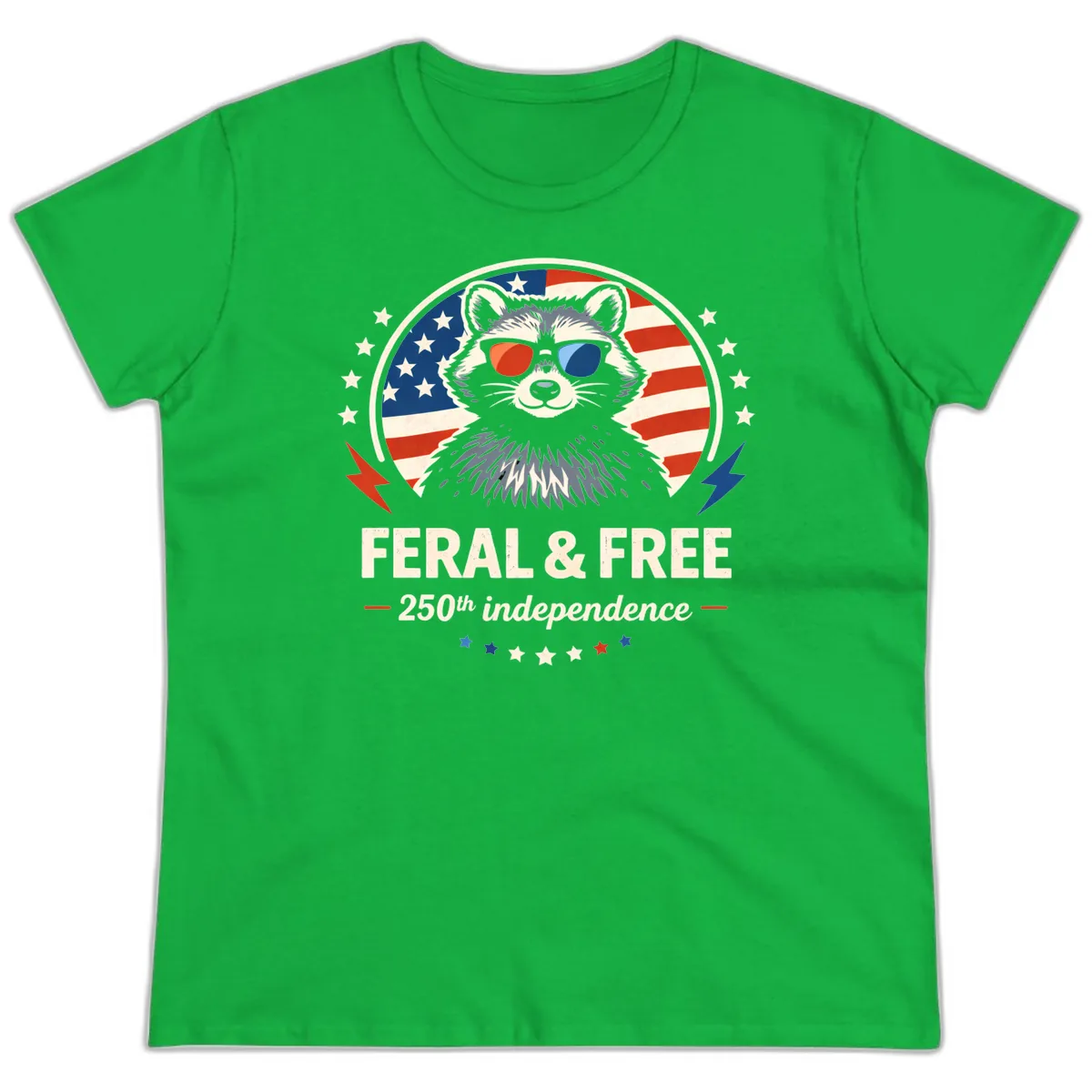 Feral & Free Raccoon 250th Independence Ladies Tee in Irish Green