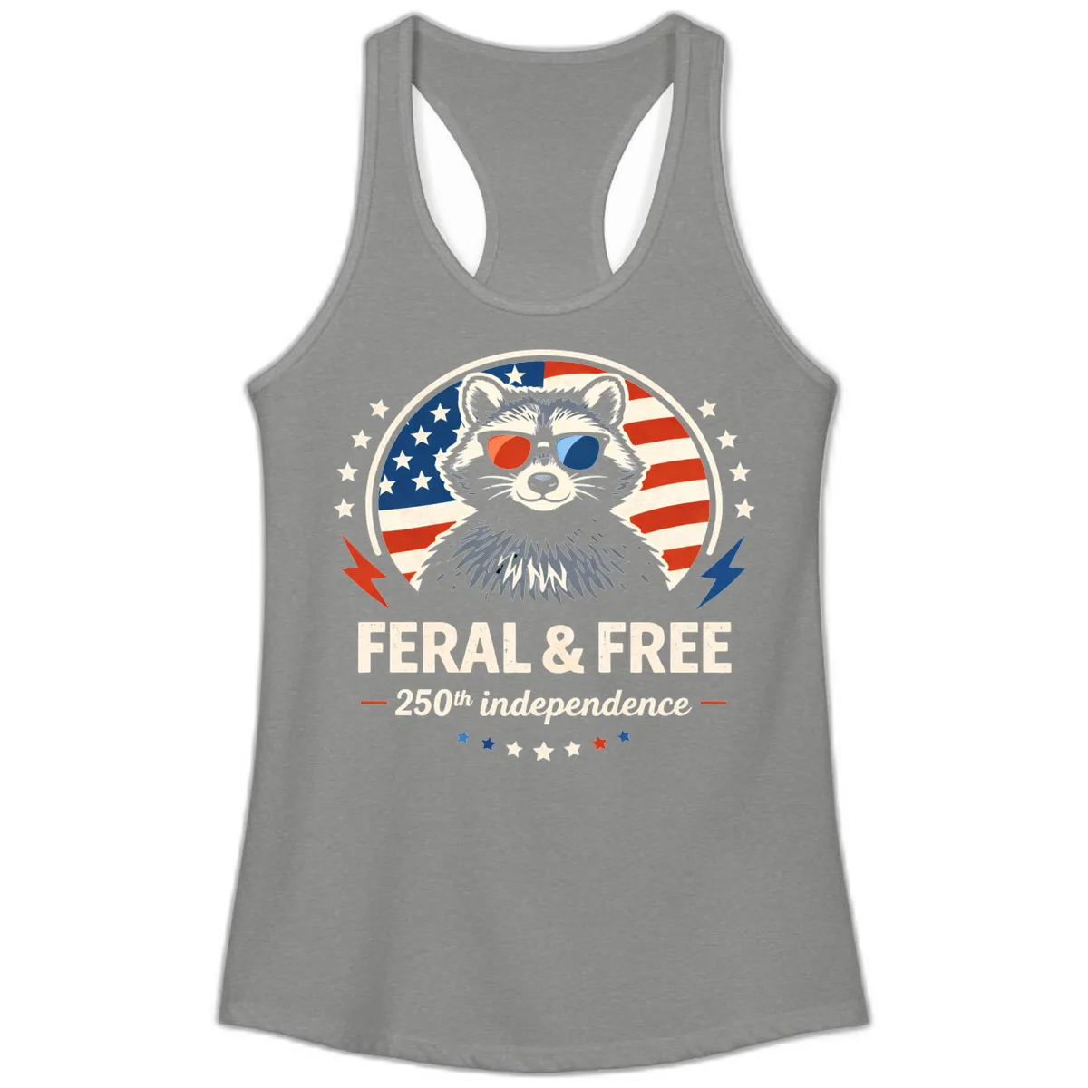 Feral & Free Raccoon 250th Independence Ladies Tank in Heather Grey