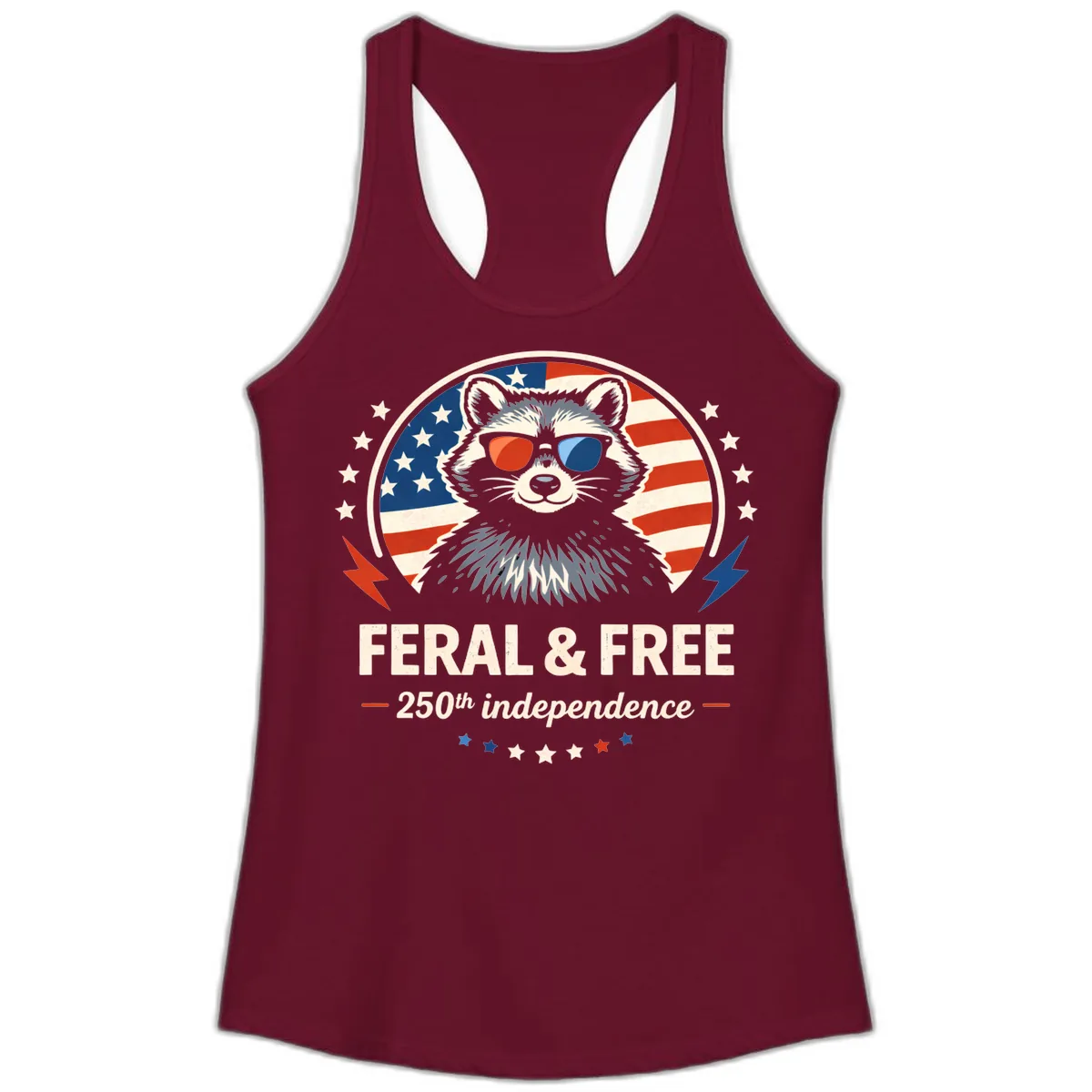 Feral & Free Raccoon 250th Independence Ladies Tank in Solid Cardinal Red