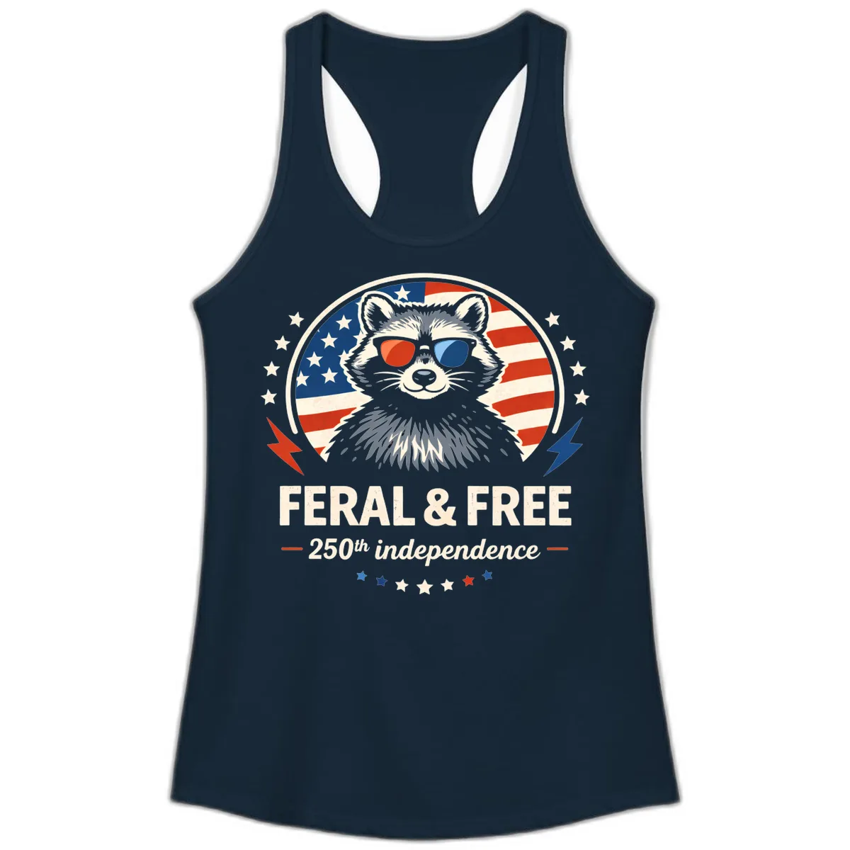Feral & Free Raccoon 250th Independence Ladies Tank in Solid Midnight Navy
