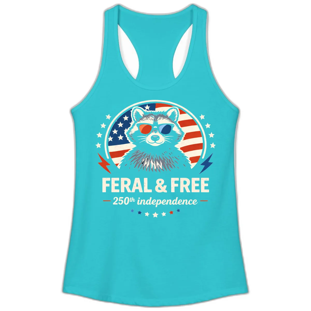 Feral & Free Raccoon 250th Independence Ladies Tank in Solid Tahiti Blue