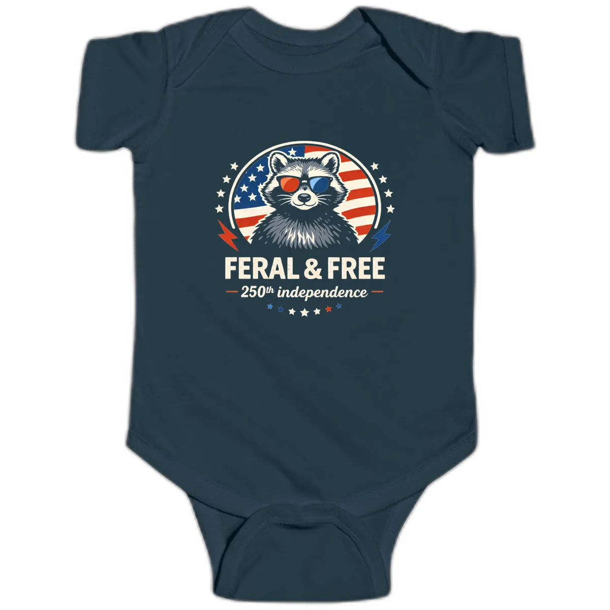 Feral & Free Raccoon 250th Independence Baby Onesie in Navy