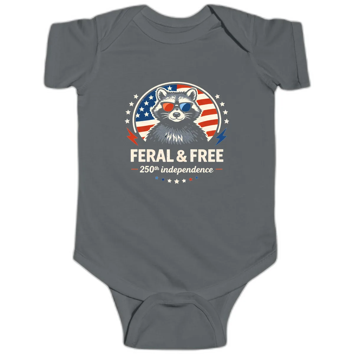 Feral & Free Raccoon 250th Independence Baby Onesie in Charcoal