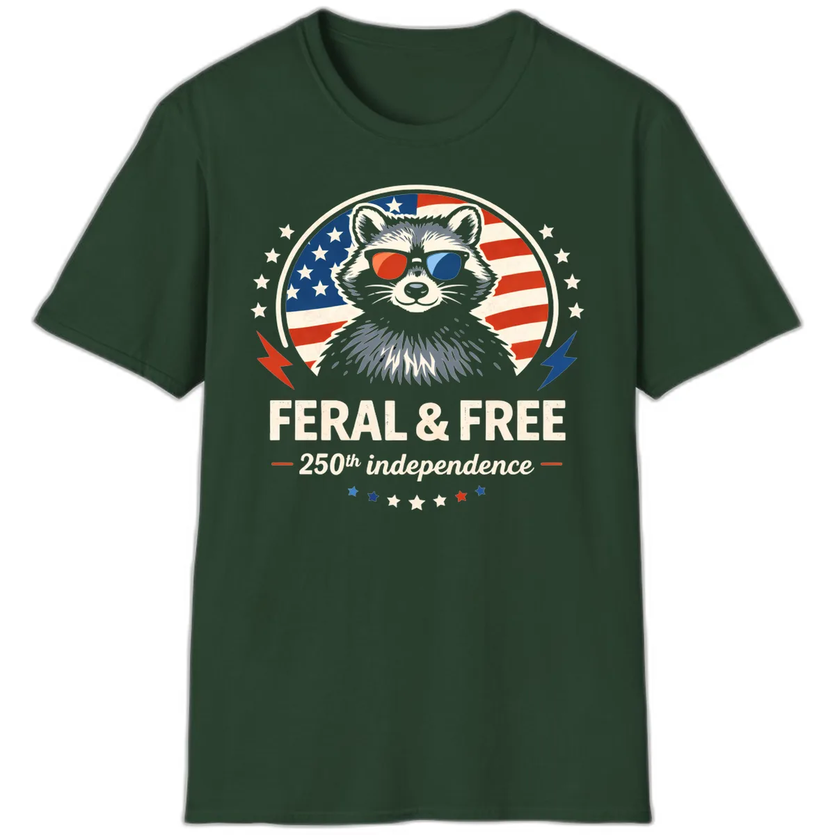 Feral & Free Raccoon 250th Independence T-Shirt in Forest Green
