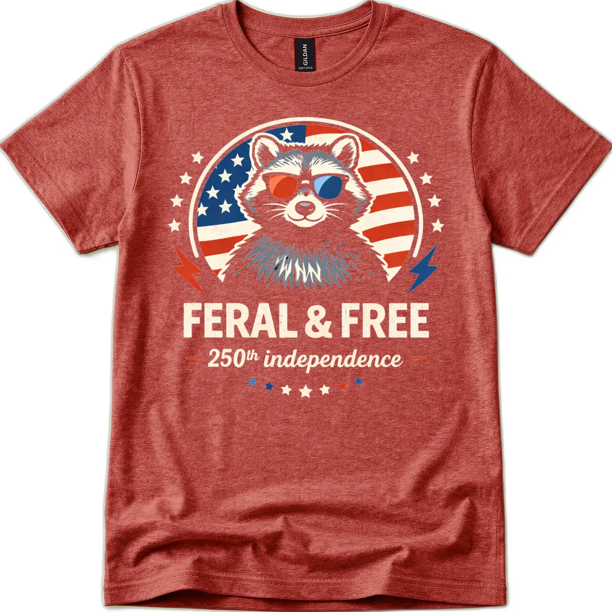 Feral & Free Raccoon 250th Independence T-Shirt in Heather Cardinal
