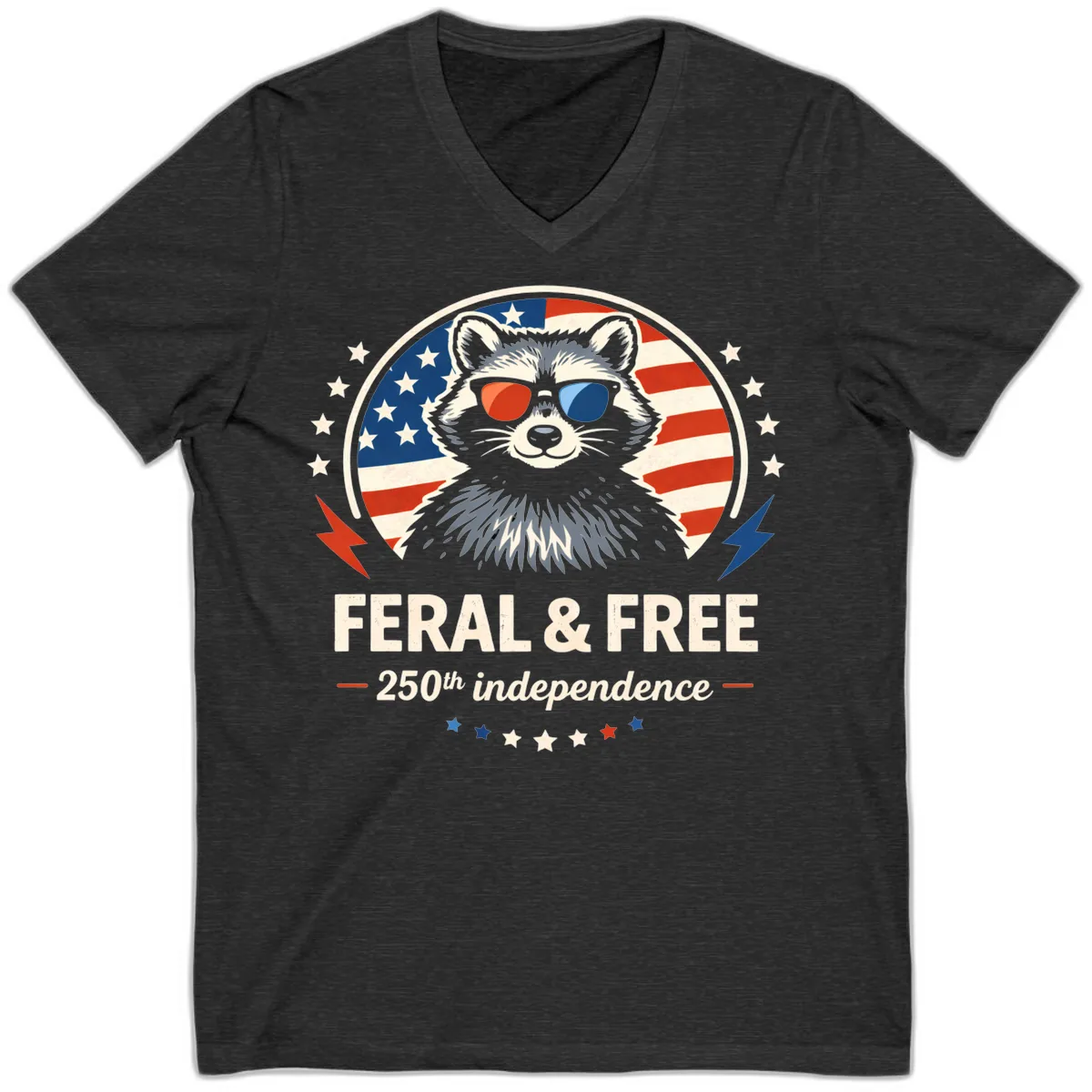 Feral & Free Raccoon 250th Independence V-Neck in Dark Grey Heather