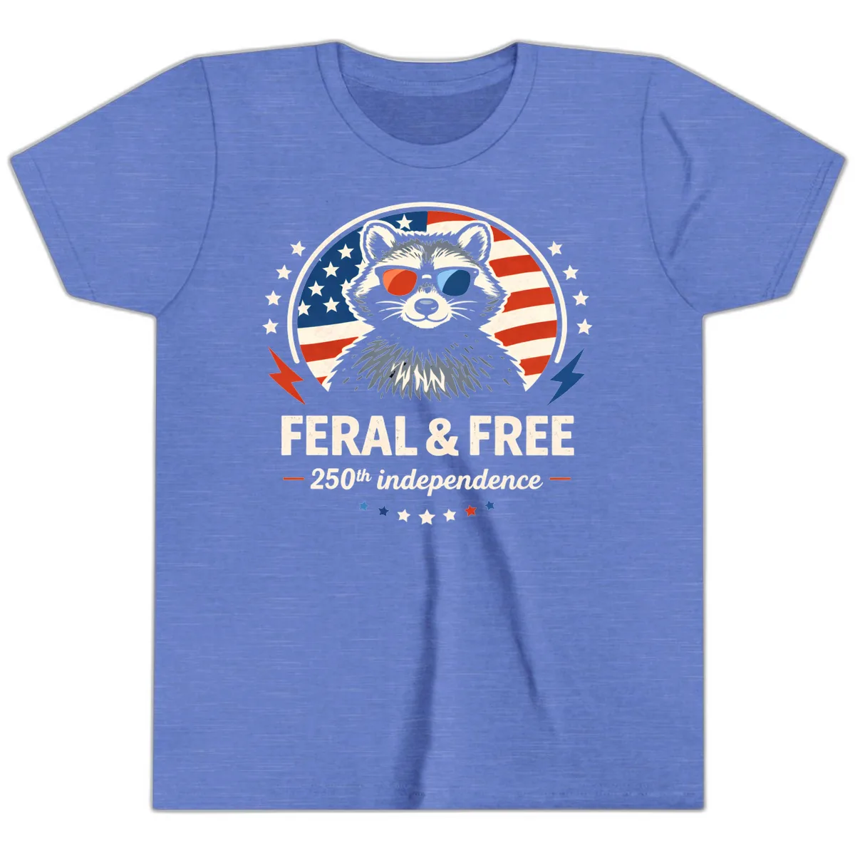 Feral & Free Raccoon 250th Independence Youth T-Shirt in Heather Columbia Blue