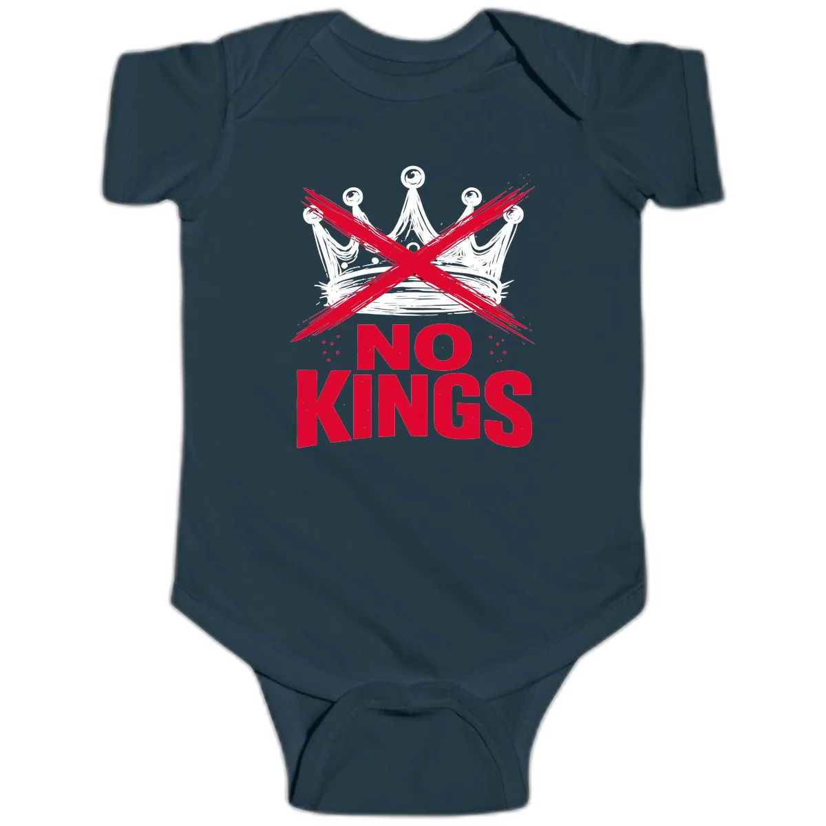 No Kings Crown Rebellion Graphic Baby Onesie in Navy