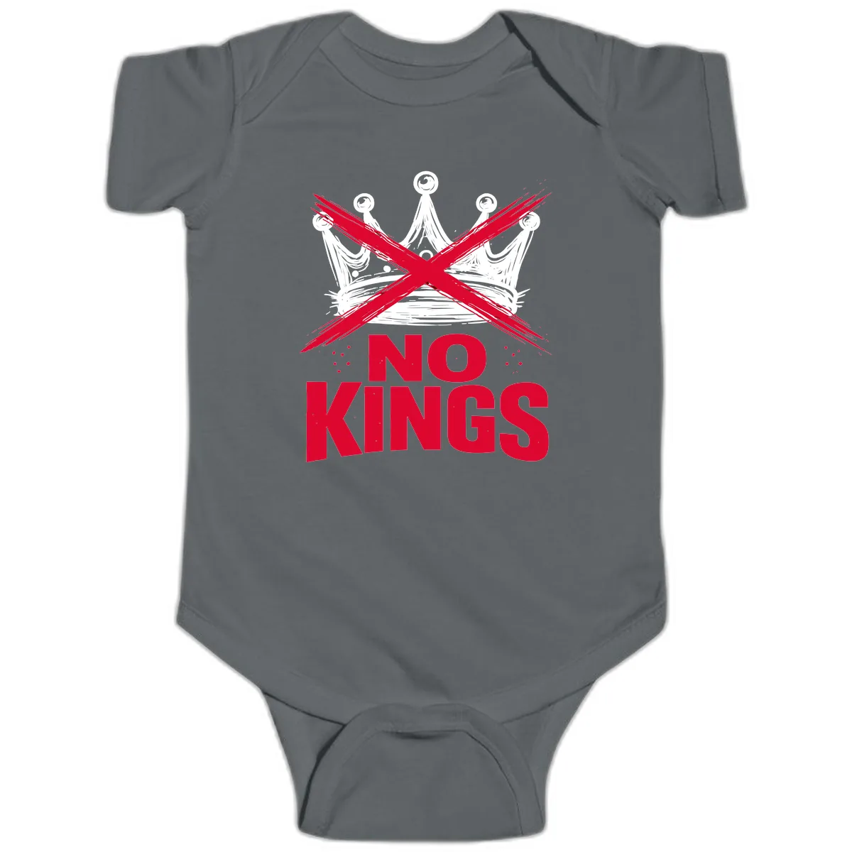 No Kings Crown Rebellion Graphic Baby Onesie in Charcoal
