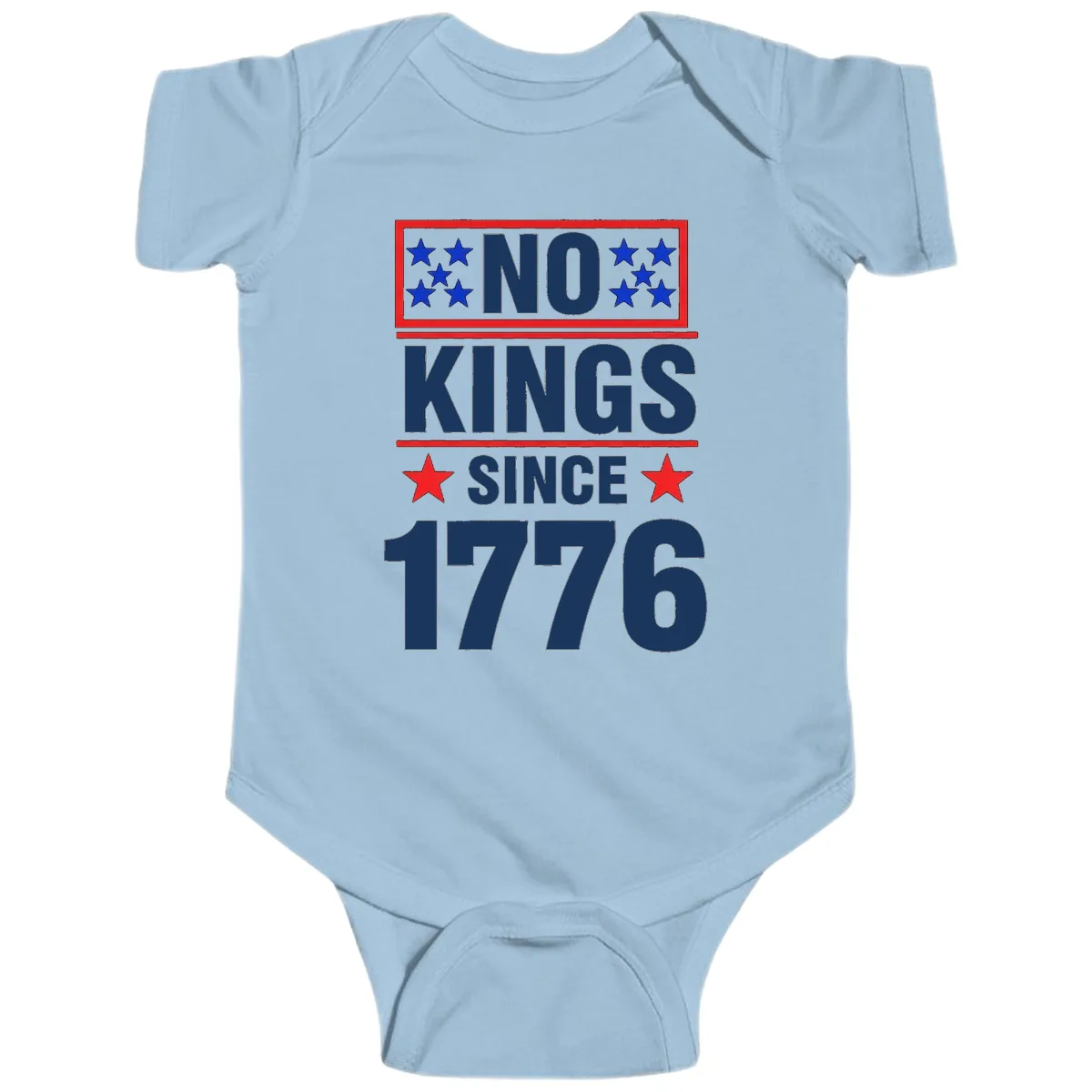 No Kings Since 1776 Patriotic Independence Baby Onesie in Light Blue