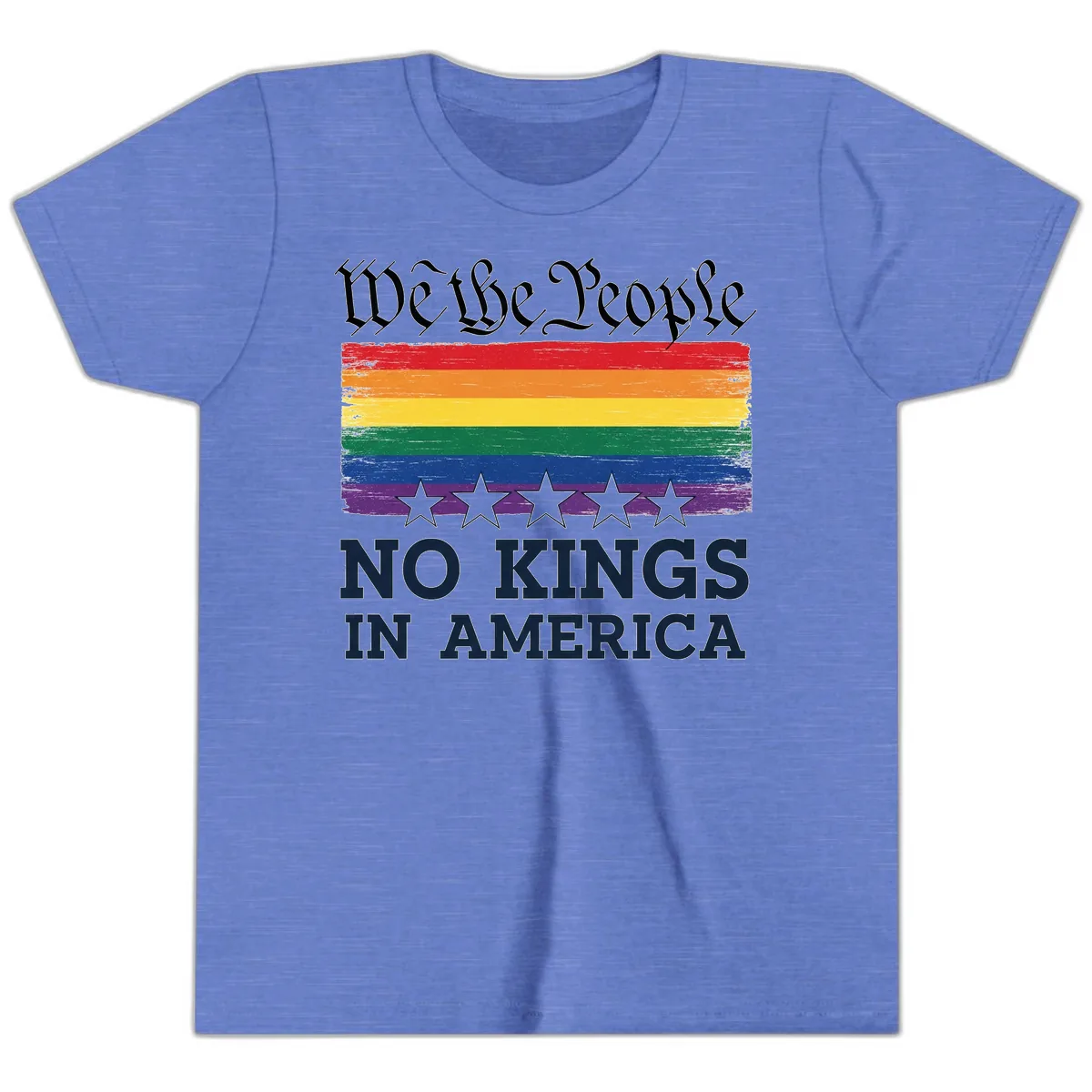 We The People No Kings In America Pride Flag Youth T-Shirt in Heather Columbia Blue
